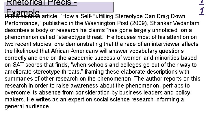Rhetorical Précis Example In the science article, “How a Self-Fulfilling Stereotype Can Drag Down Rhetorical Précis Example In the science article, “How a Self-Fulfilling Stereotype Can Drag Down
