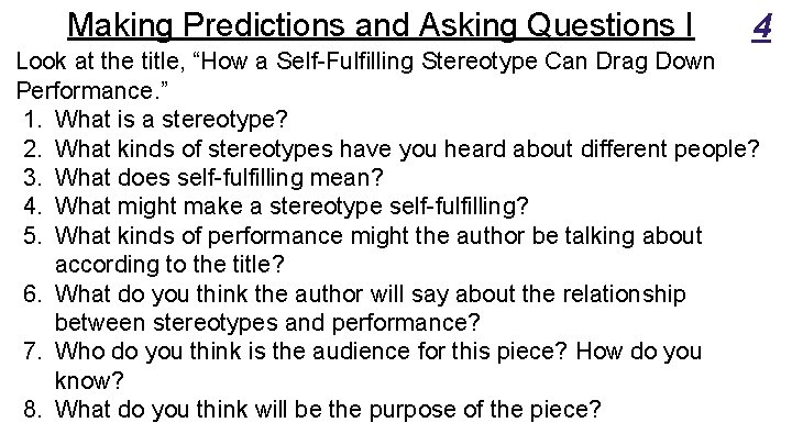 Making Predictions and Asking Questions I 4 Look at the title, “How a Self-Fulfilling Making Predictions and Asking Questions I 4 Look at the title, “How a Self-Fulfilling