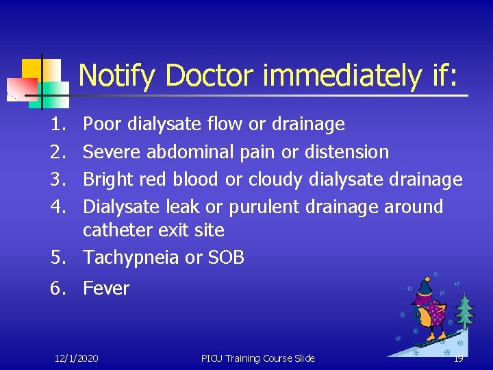 Notify Doctor immediately if: 1. 2. 3. 4. Poor dialysate flow or drainage Severe