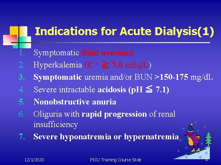 Indications for Acute Dialysis(1) 1. 2. 3. 4. 5. 6. Symptomatic fluid overload Hyperkalemia