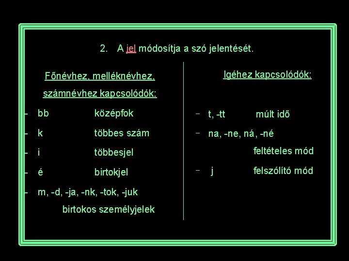 2. A jel módosítja a szó jelentését. Igéhez kapcsolódók: Főnévhez, melléknévhez, számnévhez kapcsolódók: -