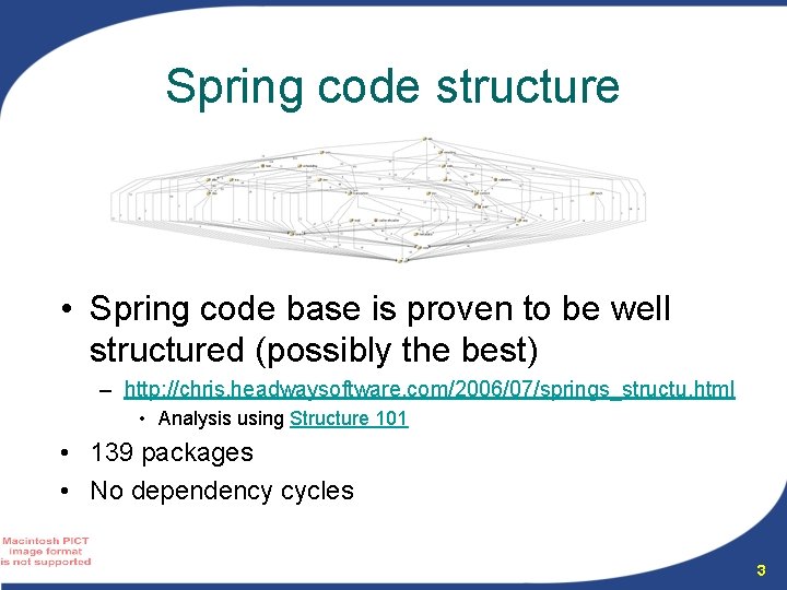 Spring code structure • Spring code base is proven to be well structured (possibly Spring code structure • Spring code base is proven to be well structured (possibly