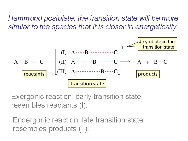 Hammond postulate: the transition state will be more similar to the species that it