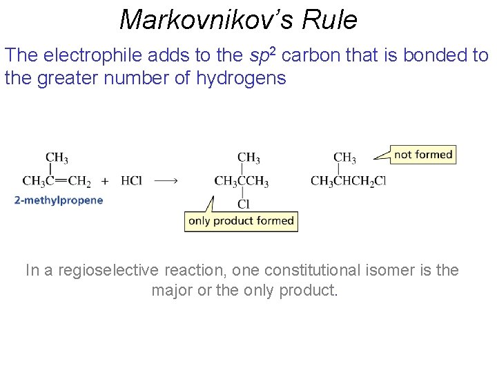 Markovnikov’s Rule The electrophile adds to the sp 2 carbon that is bonded to