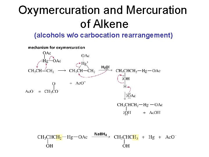 Oxymercuration and Mercuration of Alkene (alcohols w/o carbocation rearrangement) 
