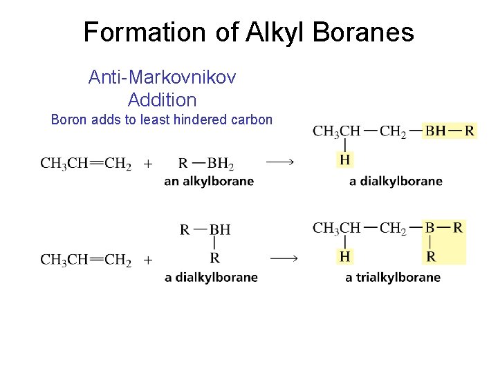 Formation of Alkyl Boranes Anti-Markovnikov Addition Boron adds to least hindered carbon 