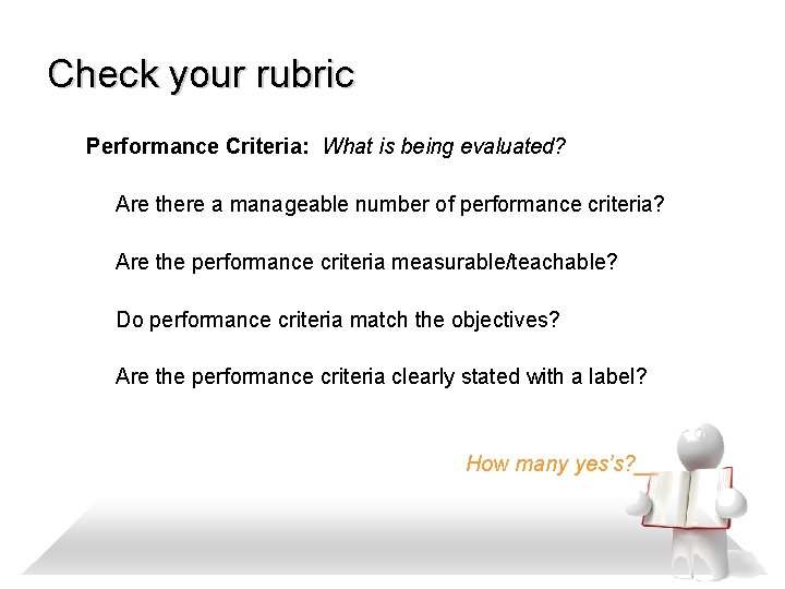 Check your rubric Performance Criteria: What is being evaluated? Are there a manageable number