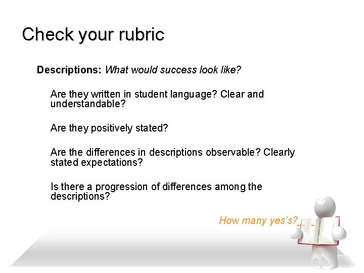 Check your rubric Descriptions: What would success look like? Are they written in student