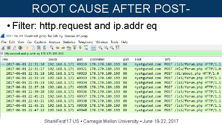 ROOT CAUSE AFTER POSTINFECTION • Filter: http. request and ip. addr eq 178. 170.