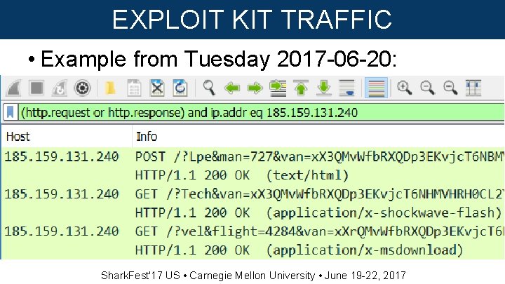 EXPLOIT KIT TRAFFIC • Example from Tuesday 2017 -06 -20: Shark. Fest'17 US •