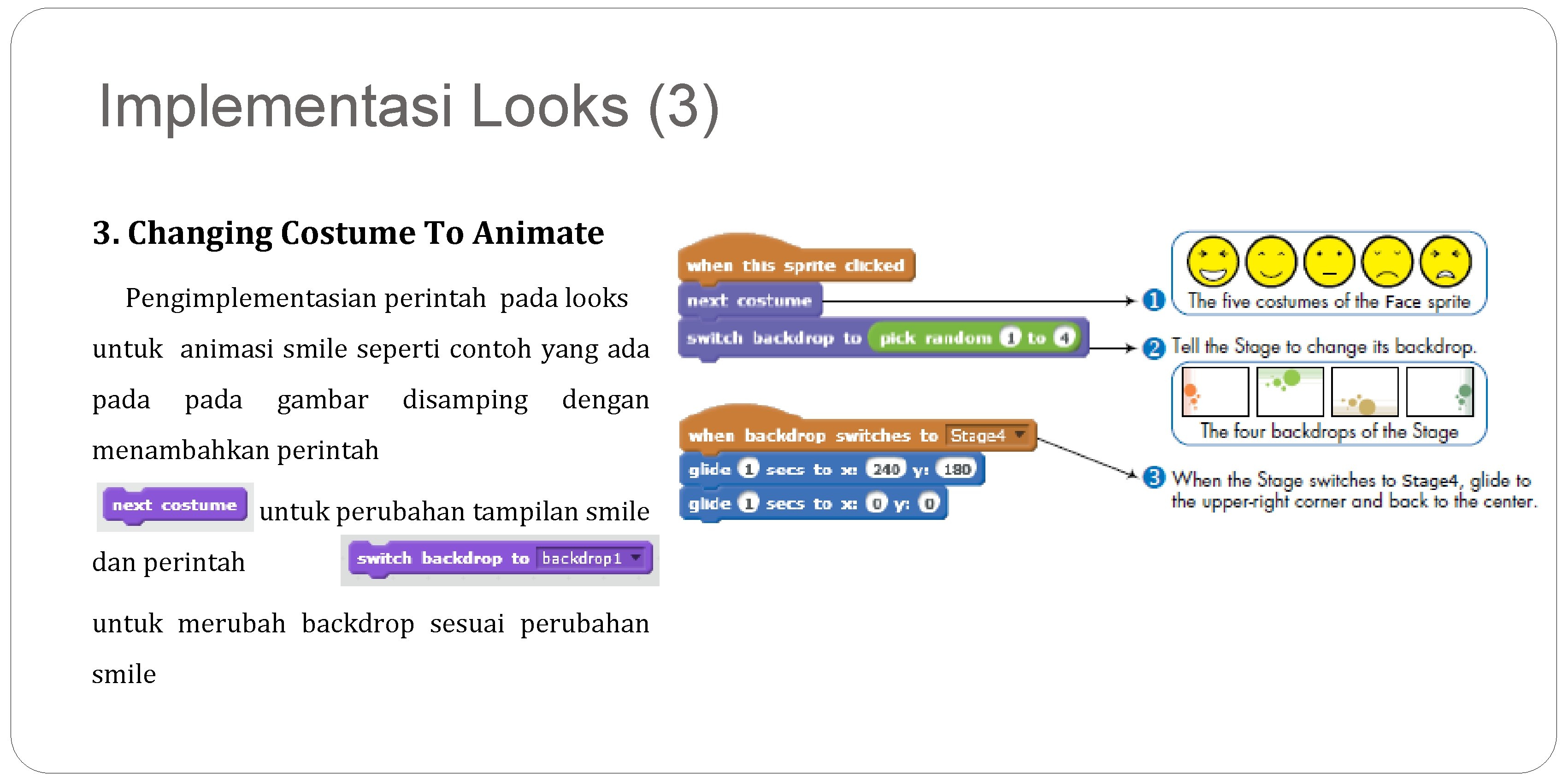 Implementasi Looks (3) 3. Changing Costume To Animate Pengimplementasian perintah pada looks untuk animasi