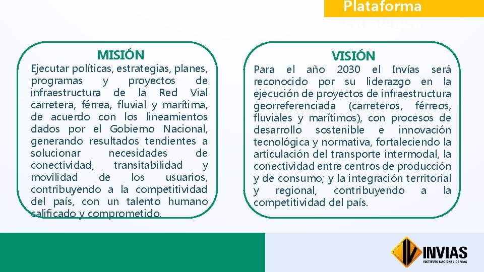 Plataforma Estratégica MISIÓN VISIÓN Ejecutar políticas, estrategias, planes, Para el año 2030 el Invías