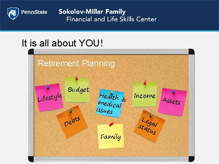 It is all about YOU! Retirement Planning le Lifesty Budget bts e D Health