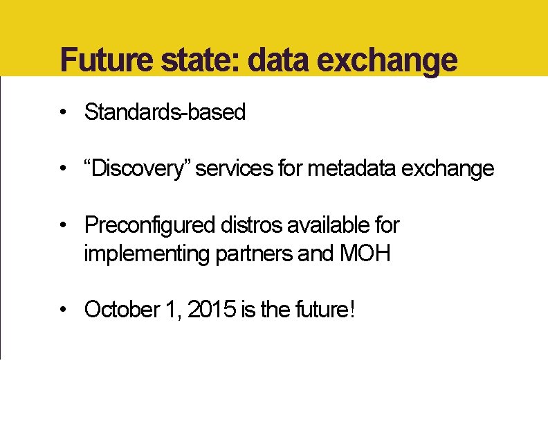 Future state: data exchange • Standards-based • “Discovery” services for metadata exchange • Preconfigured