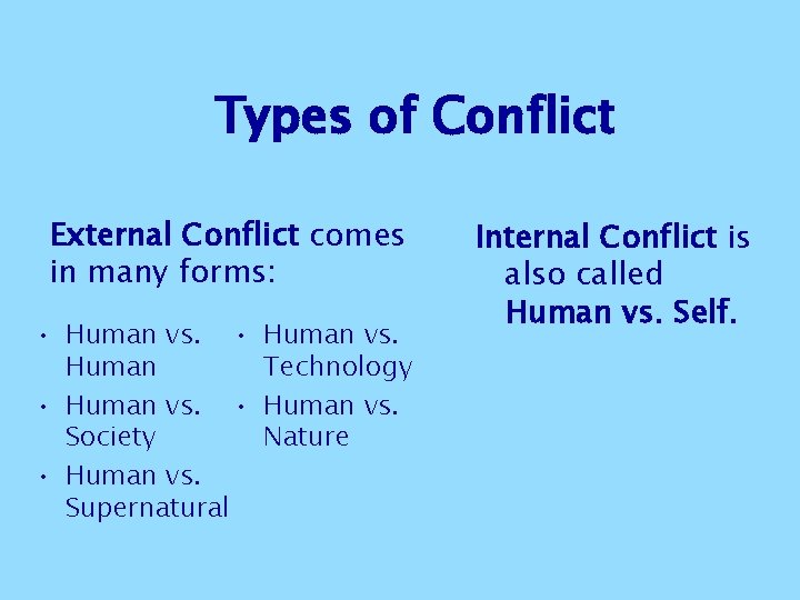 Types of Conflict External Conflict comes in many forms: • Human vs. • Society Types of Conflict External Conflict comes in many forms: • Human vs. • Society