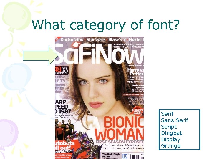 What category of font? Serif Sans Serif Script Dingbat Display Grunge What category of font? Serif Sans Serif Script Dingbat Display Grunge