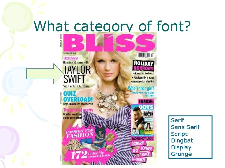 What category of font? Serif Sans Serif Script Dingbat Display Grunge What category of font? Serif Sans Serif Script Dingbat Display Grunge