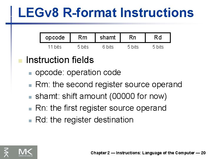 LEGv 8 R-format Instructions n opcode Rm shamt Rn Rd 11 bits 5 bits