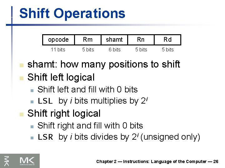 Shift Operations n n Rm shamt Rn Rd 11 bits 5 bits 6 bits