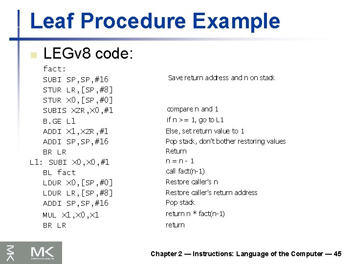 Leaf Procedure Example n LEGv 8 code: fact: SUBI SP, #16 STUR LR, [SP,