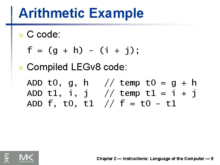 Arithmetic Example n C code: f = (g + h) - (i + j);