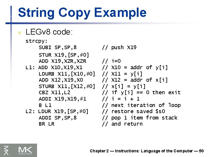 String Copy Example n LEGv 8 code: strcpy: SUBI SP, 8 STUR X 19,