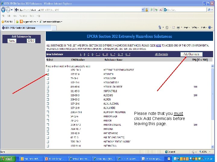 Please note that you must click Add Chemicals before leaving this page. 