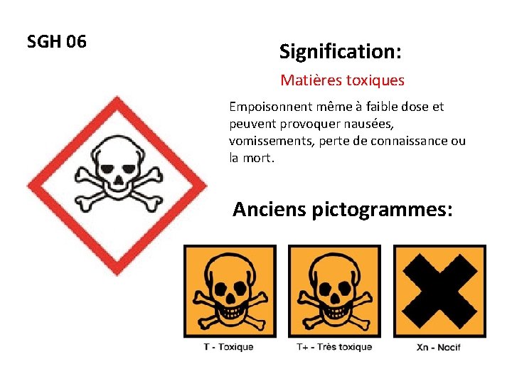 SGH 06 Signification: Matières toxiques Empoisonnent même à faible dose et peuvent provoquer nausées,