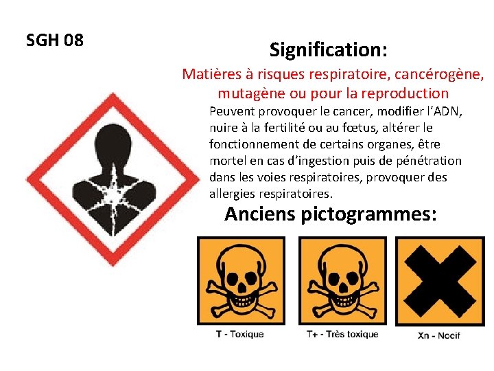 SGH 08 Signification: Matières à risques respiratoire, cancérogène, mutagène ou pour la reproduction Peuvent