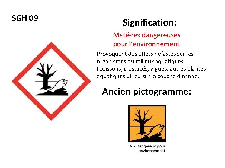 SGH 09 Signification: Matières dangereuses pour l’environnement Provoquent des effets néfastes sur les organismes