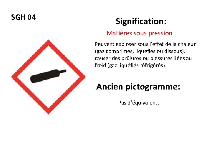 SGH 04 Signification: Matières sous pression Peuvent exploser sous l’effet de la chaleur (gaz