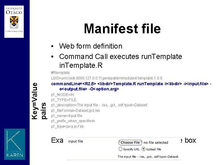Manifest file • Web form definition • Command Call executes run. Template in. Template.