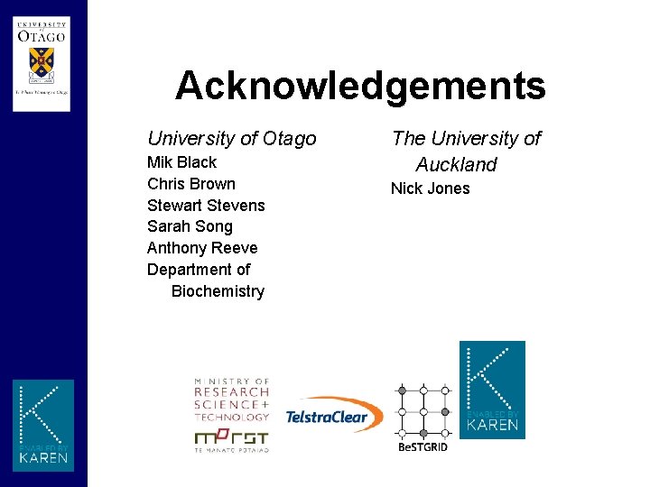 Acknowledgements University of Otago Mik Black Chris Brown Stewart Stevens Sarah Song Anthony Reeve
