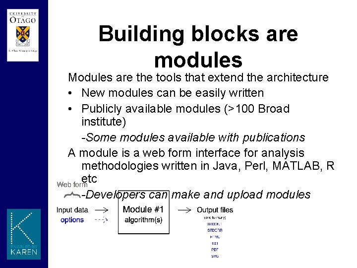 Building blocks are modules Modules are the tools that extend the architecture • New