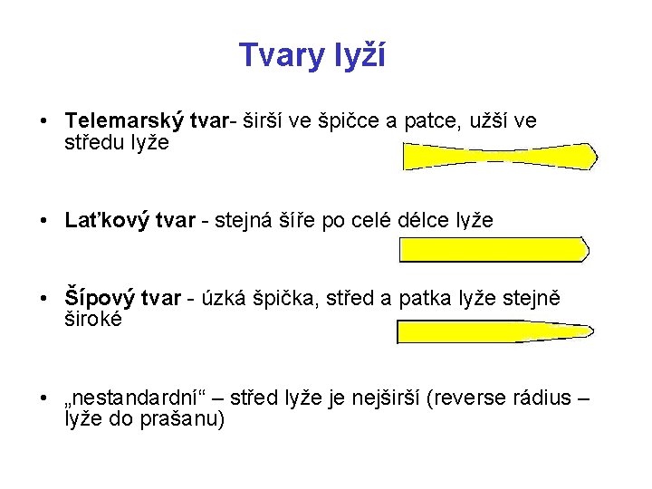 Tvary lyží • Telemarský tvar- širší ve špičce a patce, užší ve středu lyže