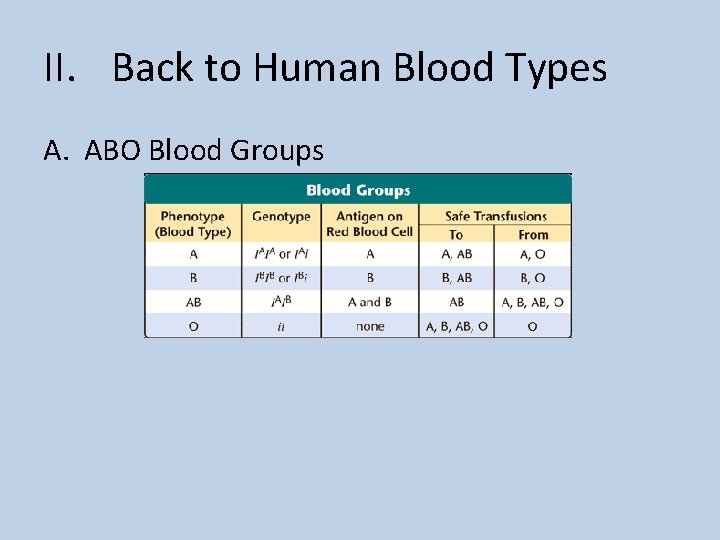 II. Back to Human Blood Types A. ABO Blood Groups 
