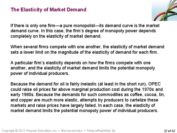 The Elasticity of Market Demand If there is only one firm—a pure monopolist—its demand