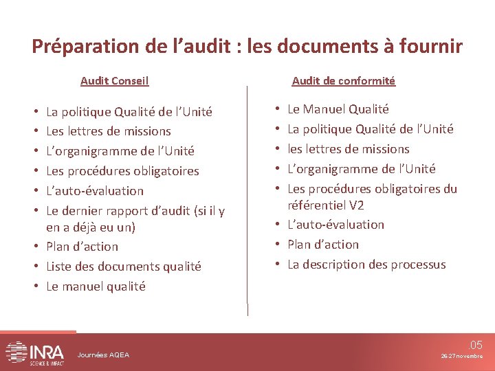 Préparation de l’audit : les documents à fournir Audit Conseil La politique Qualité de