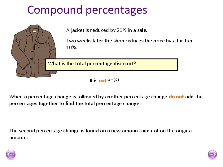 Compound percentages A jacket is reduced by 20% in a sale. Two weeks later