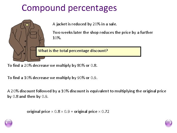 Compound percentages A jacket is reduced by 20% in a sale. Two weeks later