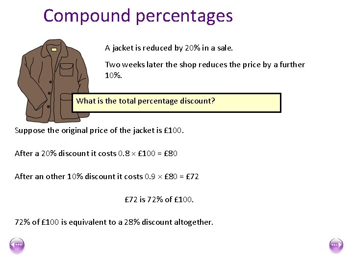 Compound percentages A jacket is reduced by 20% in a sale. Two weeks later