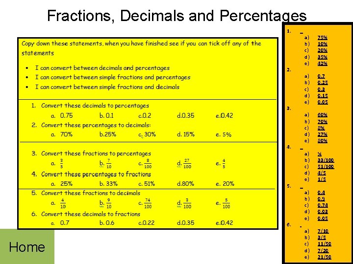 Fractions, Decimals and Percentages Home 1. 2. 3. 4. 5. 6. a) b) c)