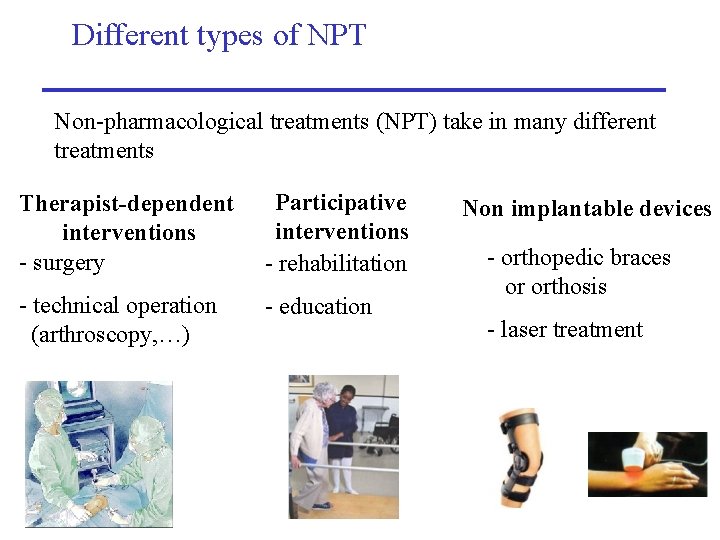 Different types of NPT Non-pharmacological treatments (NPT) take in many different treatments Therapist-dependent interventions