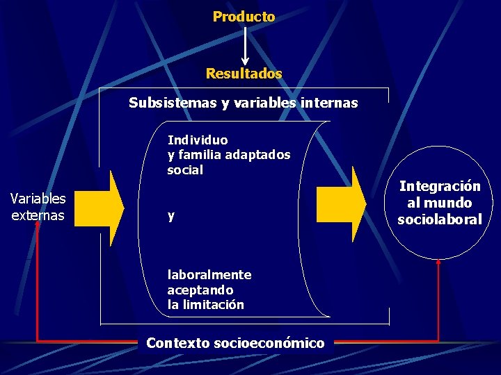 Producto Resultados Subsistemas y variables internas Individuo y familia adaptados social Variables externas y