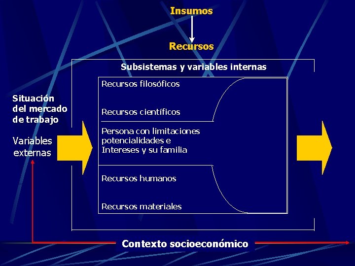 Insumos Recursos Subsistemas y variables internas Recursos filosóficos Situación del mercado de trabajo Variables