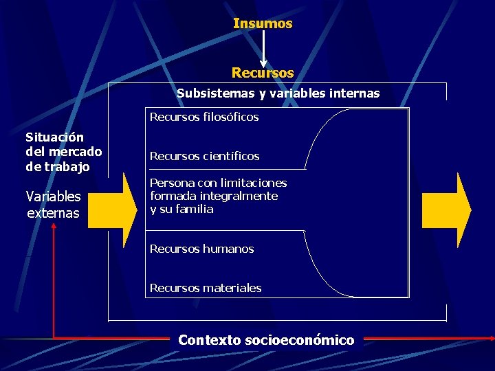 Insumos Recursos Subsistemas y variables internas Recursos filosóficos Situación del mercado de trabajo Variables