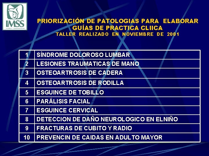 PRIORIZACIÓN DE PATOLOGIAS PARA ELABORAR GUÍAS DE PRACTICA CLIICA TALLER REALIZADO EN NOVIEMBRE DE