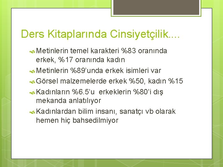 Ders Kitaplarında Cinsiyetçilik. . Metinlerin temel karakteri %83 oranında erkek, %17 oranında kadın Metinlerin