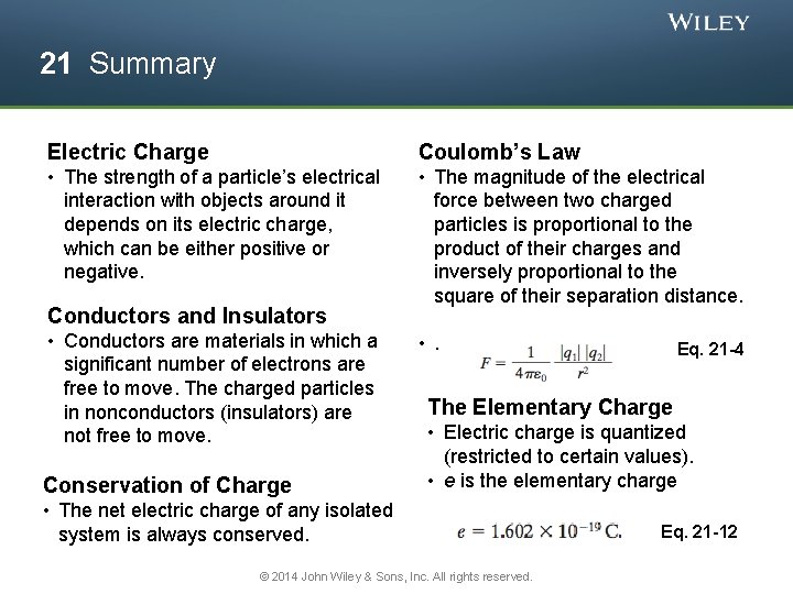 21 Summary Electric Charge Coulomb’s Law • The strength of a particle’s electrical interaction