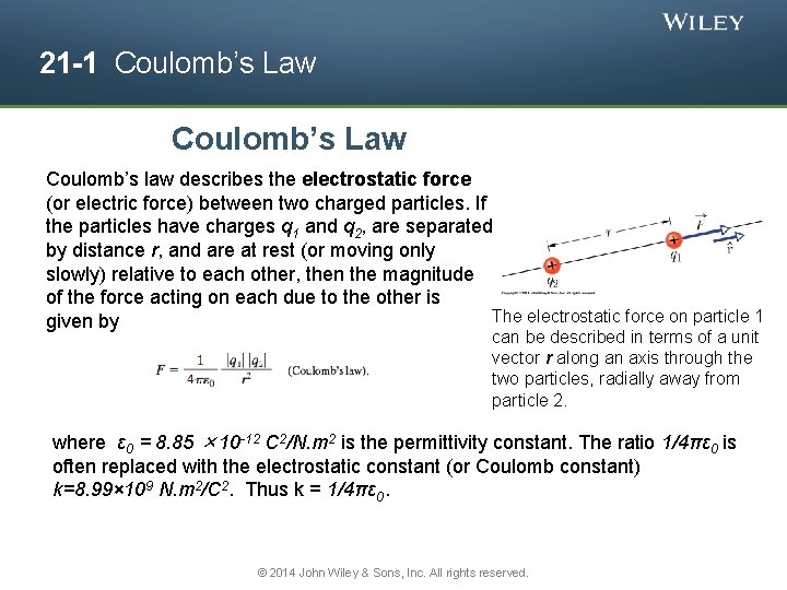21 -1 Coulomb’s Law Coulomb’s law describes the electrostatic force (or electric force) between